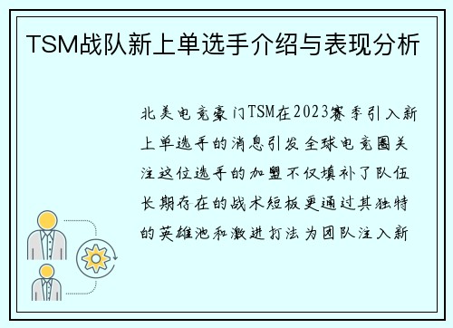 TSM战队新上单选手介绍与表现分析